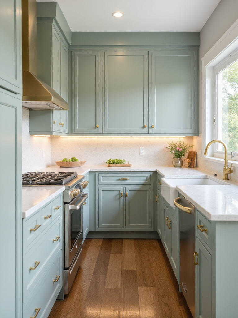 Cohesive color palette in a kitchen with sage green cabinets and white quartz countertops