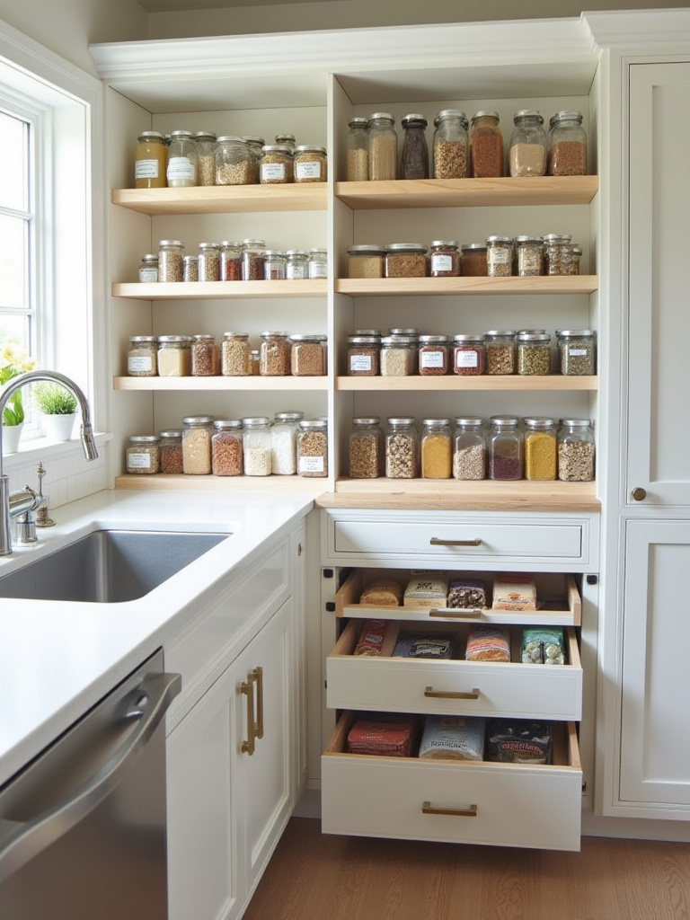 Organized kitchen pantry with modern storage solutions and drawer organizers.