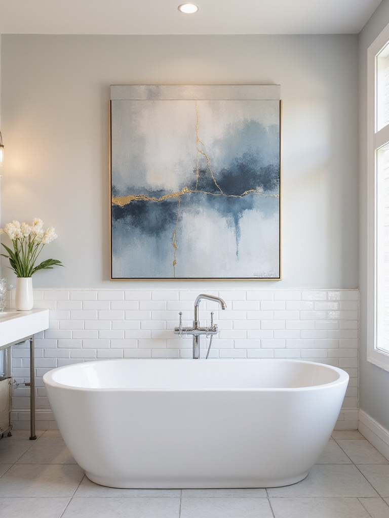 Modern bathroom with abstract art piece on the wall, showcasing sophisticated wall decor.