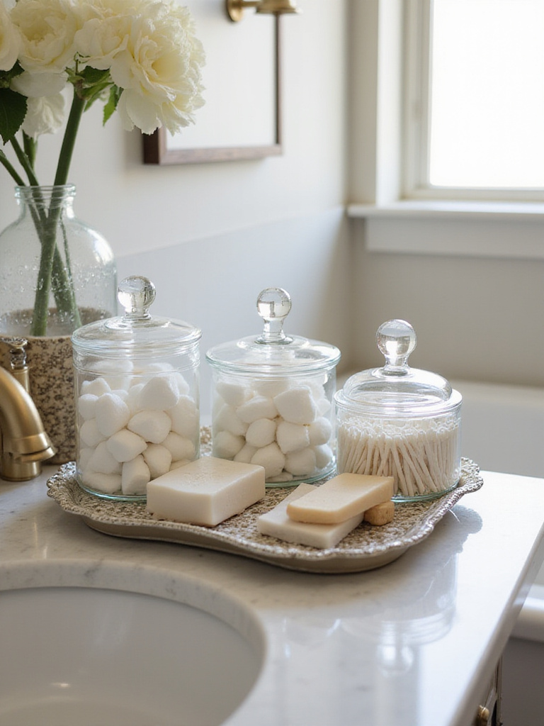 Elegant canisters and jars on a bathroom sink organized with cotton balls, Q-tips, and small soaps.
