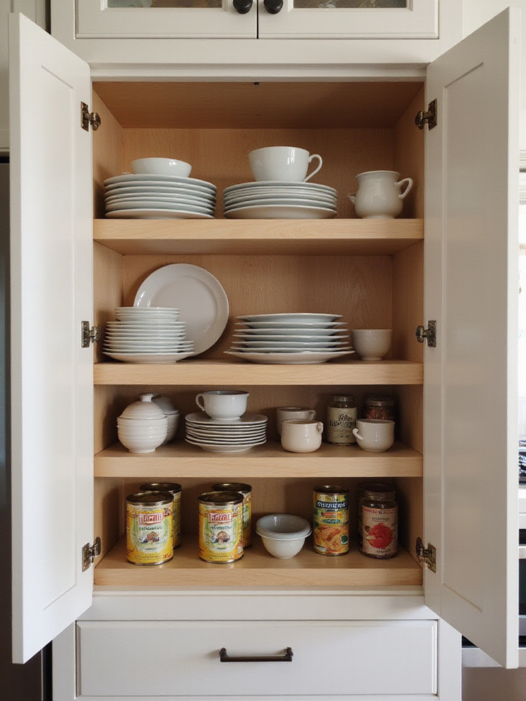 Organized kitchen cabinet with shelf risers creating double shelf capacity