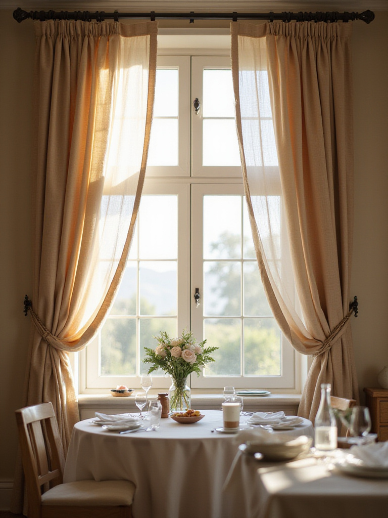 Elegant curtains framing windows in a beautifully decorated dining room