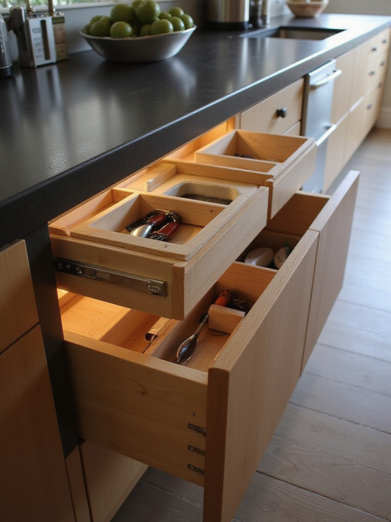 Modern kitchen island featuring a drawer-within-a-drawer solution with organized contents.