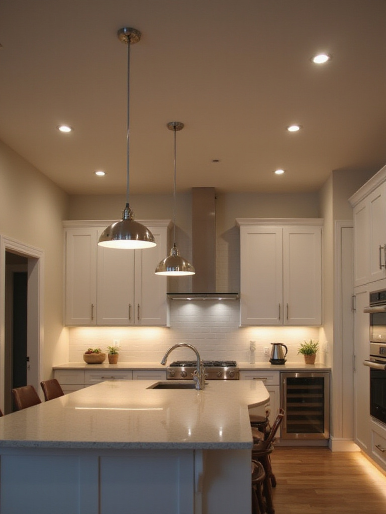 Modern kitchen with layered lighting including recessed lights, under-cabinet strips, and pendant fixtures.