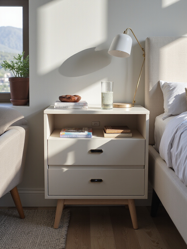 Elegant nightstand with integrated charging ports and decorative items.