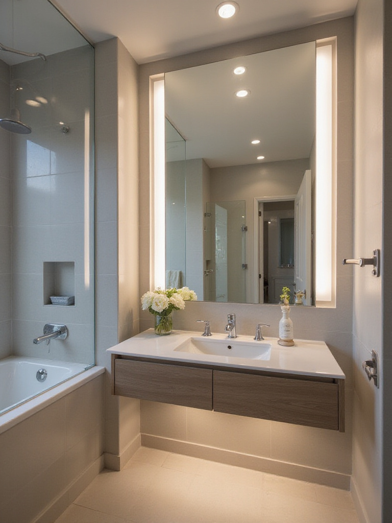 Contemporary bathroom with layered lighting design featuring ambient, task, and accent lights.