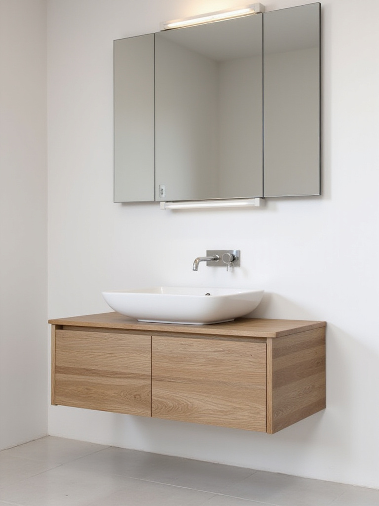 A modern bathroom featuring a floating vanity with natural wood finish, ambient lighting, and a large mirror.