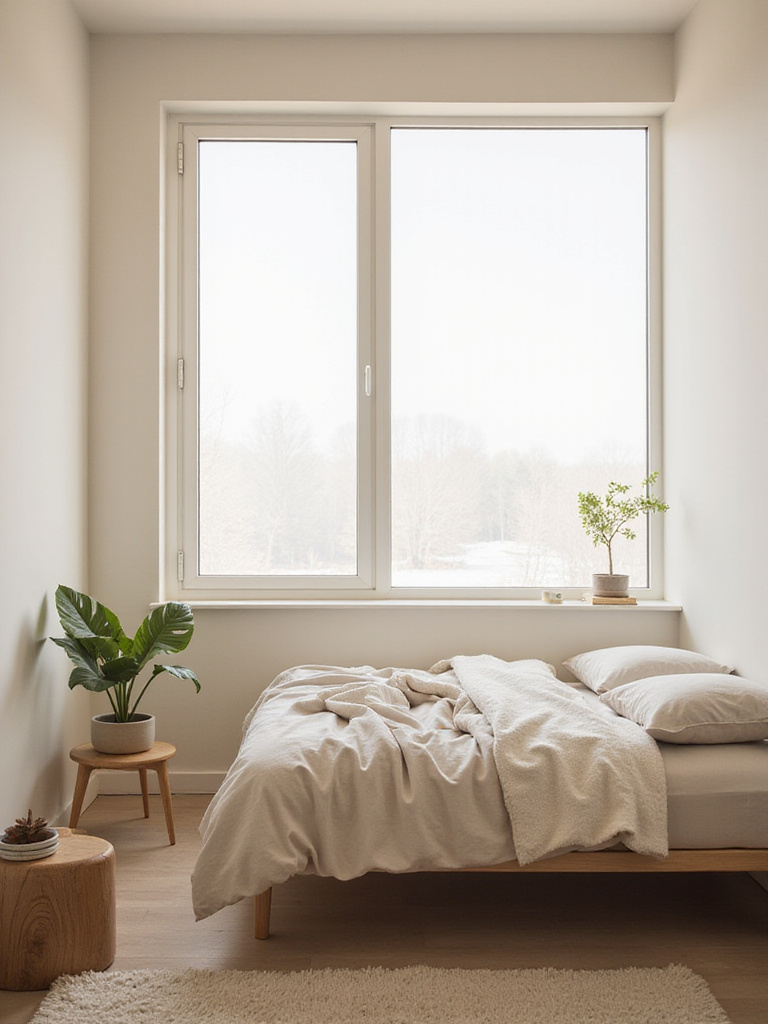 A minimalist small bedroom with a bed, nightstand, and natural light.