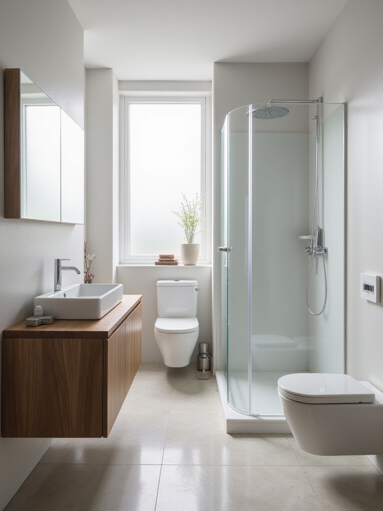 A serene minimalist bathroom with a floating vanity, natural light, and clean lines.