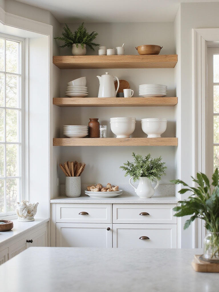 Open shelving in a modern kitchen displaying decorative dishware and essentials.
