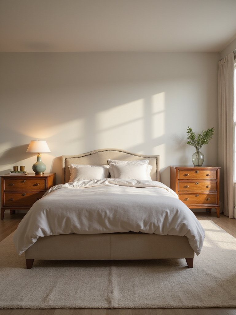 A harmonious bedroom layout showcasing balanced furniture scale and proportion.