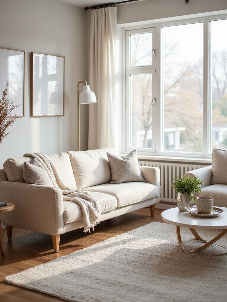 A pristine and organized living room with a cozy arrangement of furniture and soft natural lighting.