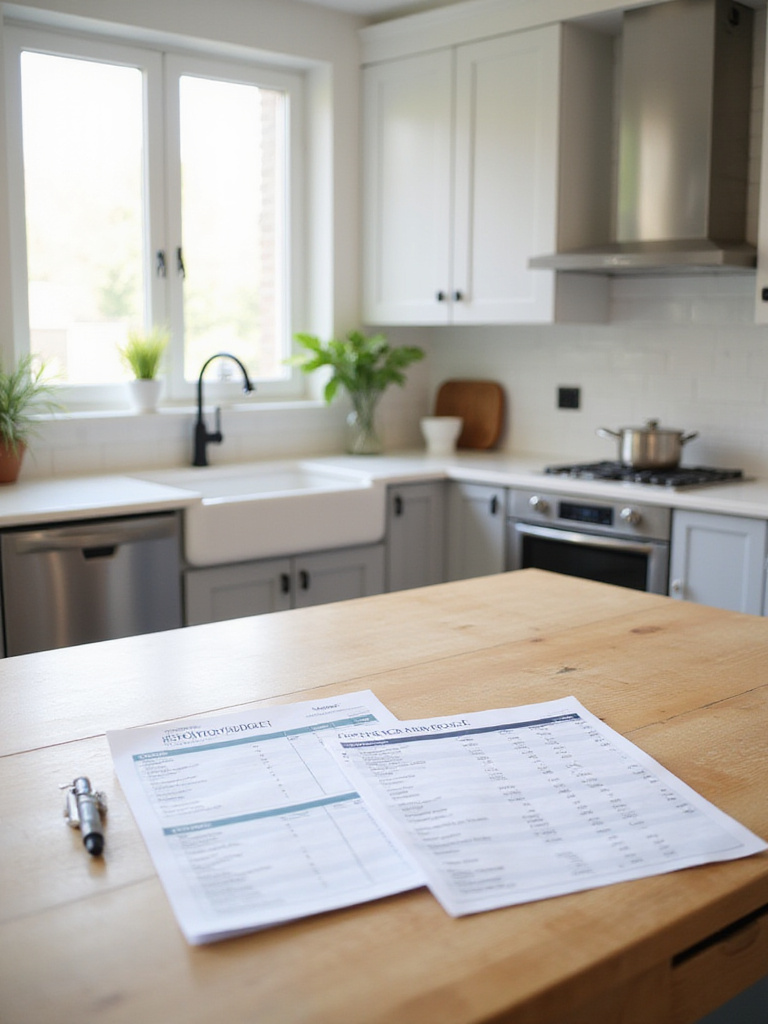 Modern kitchen with renovation budget plan on countertop
