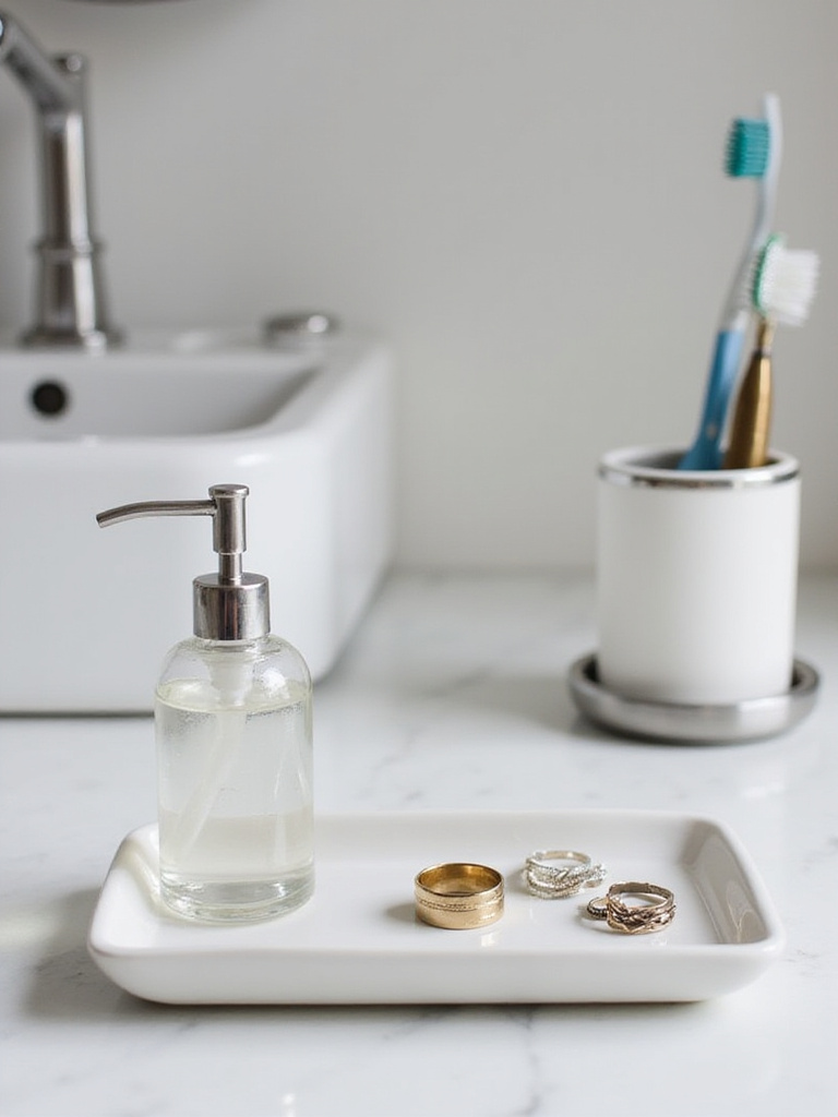 A stylish bathroom sink with dual-purpose accessories including a ceramic vanity tray and a modern toothbrush holder.