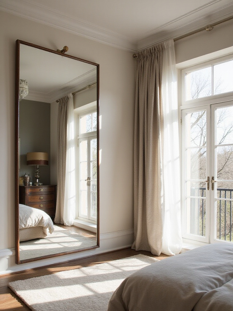 A stylish bedroom featuring strategically placed mirrors reflecting light and creating a spacious atmosphere.
