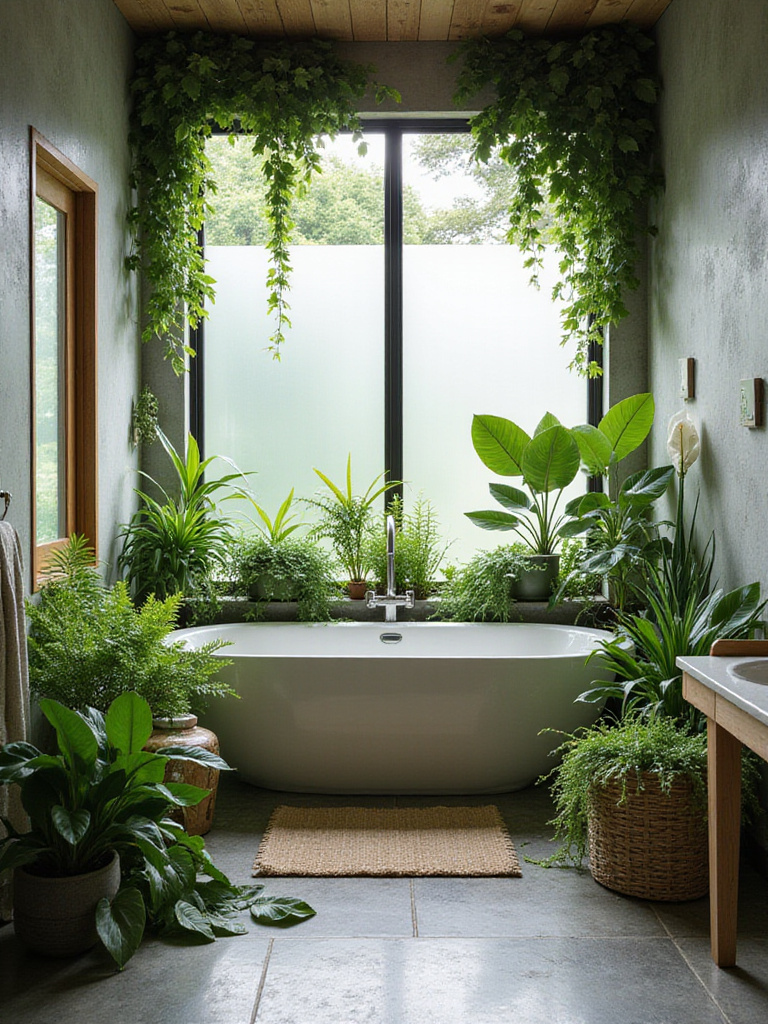 Modern bathroom with biophilic design featuring greenery and natural materials.
