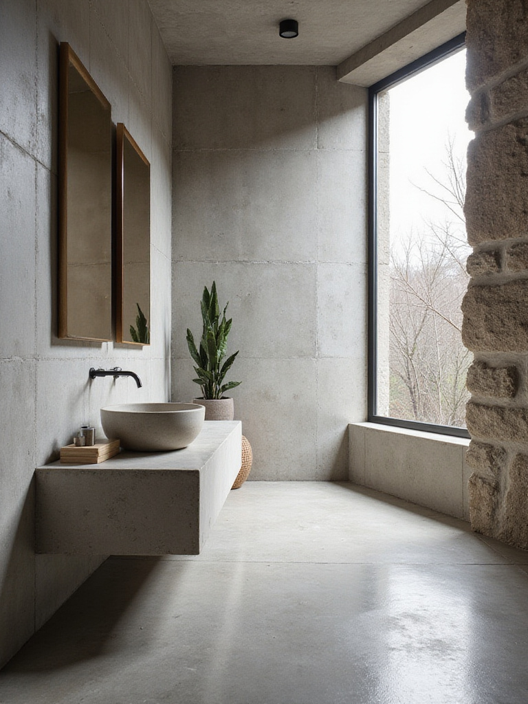 Modern bathroom with concrete and stone finishes showcasing elegance and industrial design.