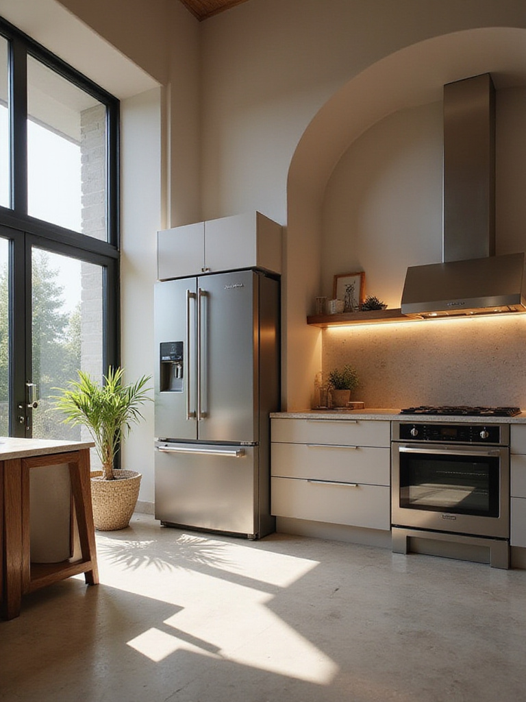 Modern kitchen showcasing smart home integration with smart appliances and ambient lighting.