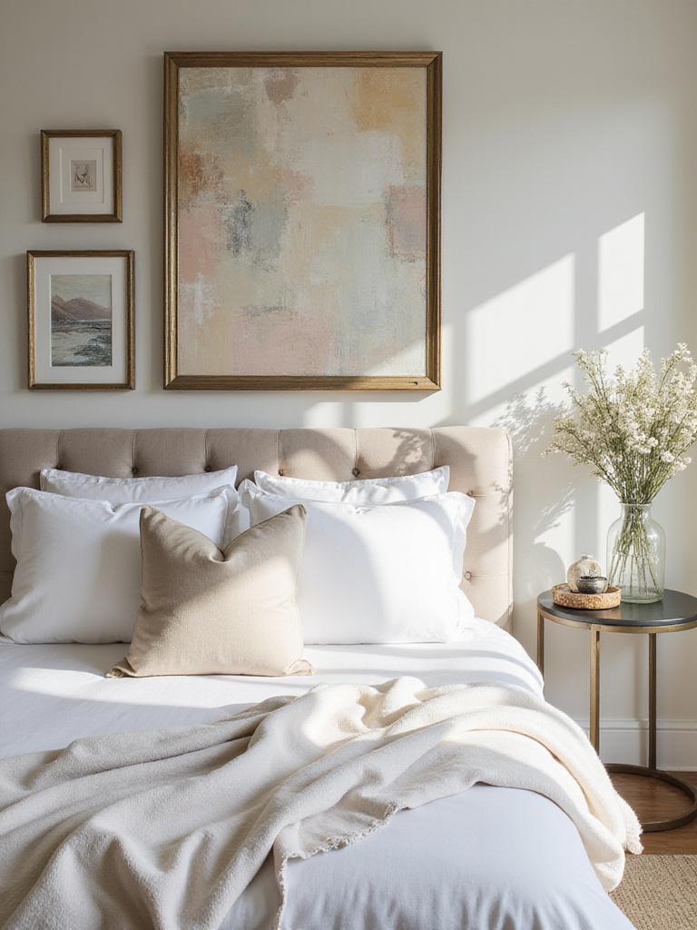 Curated wall art and decor in a stylish bedroom setting