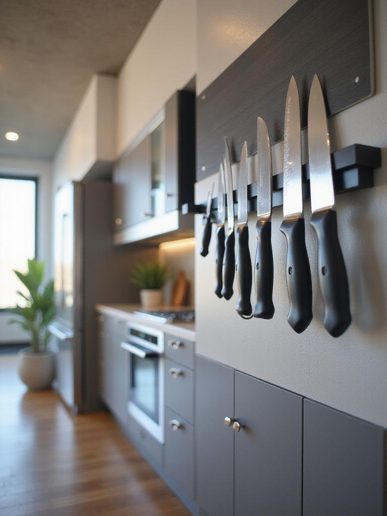Magnetic knife strip in a modern kitchen showcasing organized knives.