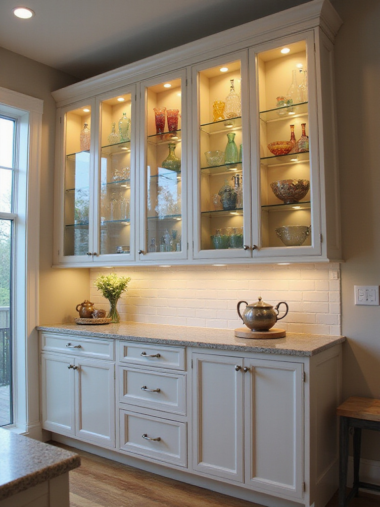 A kitchen island with glass-front display cabinets showcasing colorful glassware.