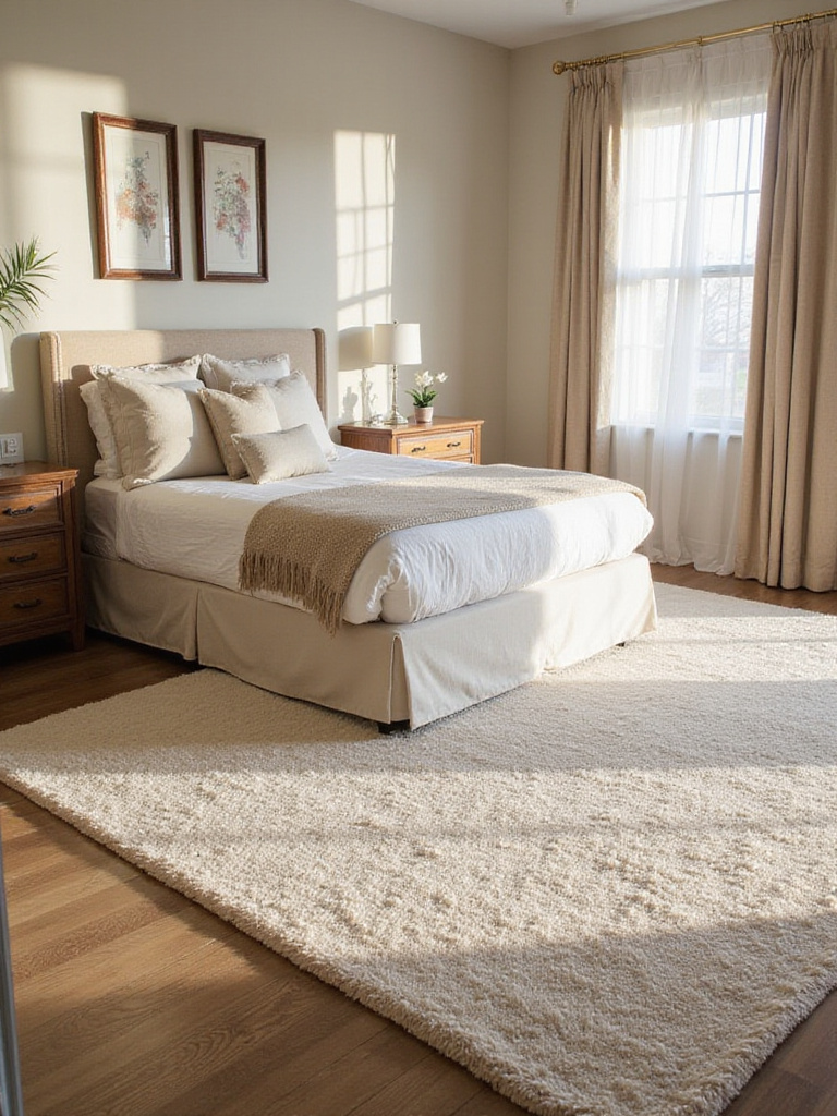 A stylish bedroom with a large area rug under a queen bed, showcasing warmth and decor.