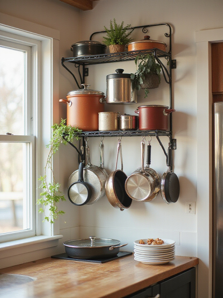 Stylish wall-mounted pot rack in a small kitchen with natural light