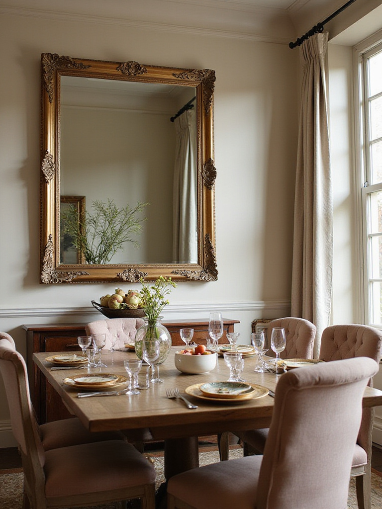Elegant dining room with a large mirror reflecting light and space