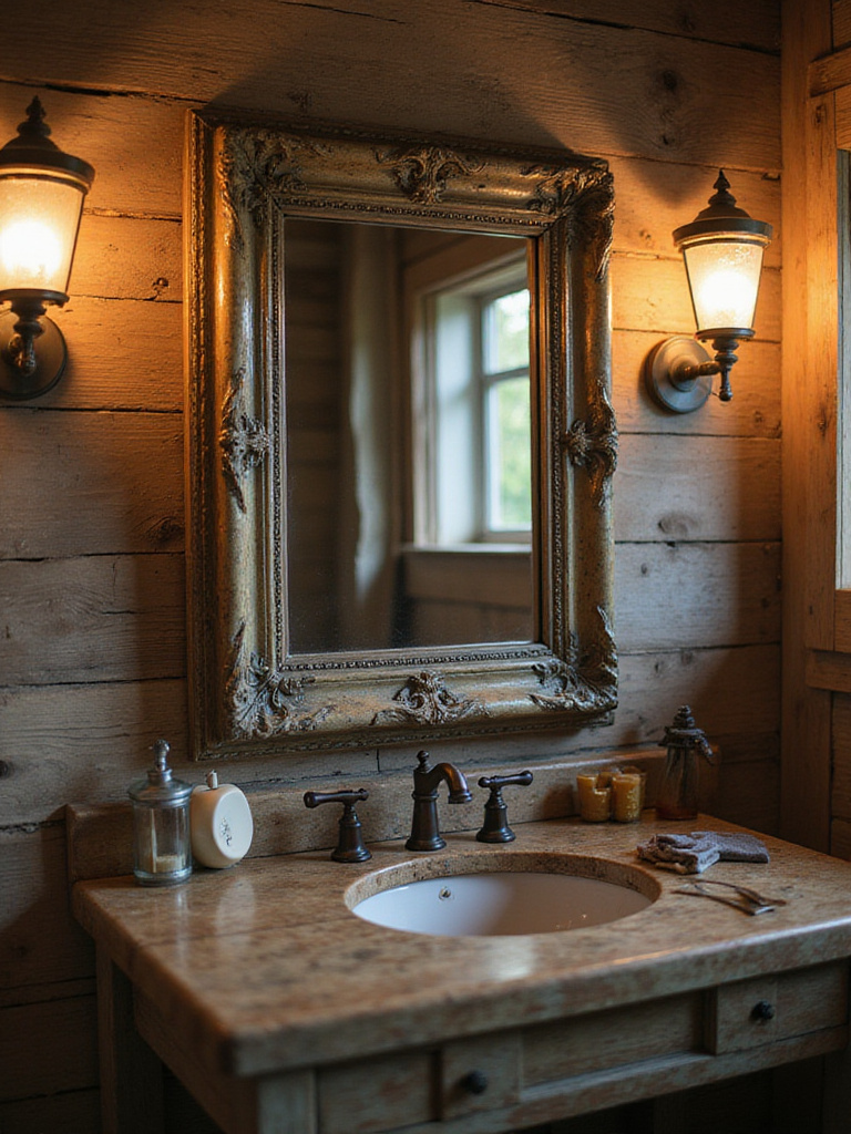 A rustic bathroom featuring a patinaed vintage frame mirror reflecting warm light.