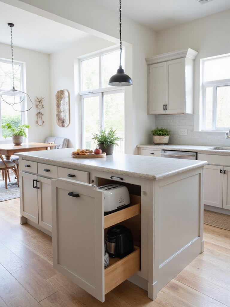 Modern kitchen island with hidden appliance garage showcasing a toaster and coffee maker.