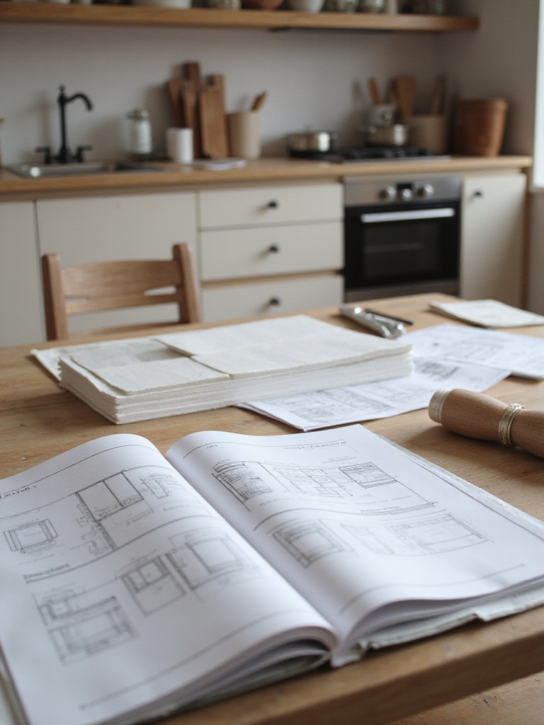 Professional kitchen renovation workspace with materials and blueprints