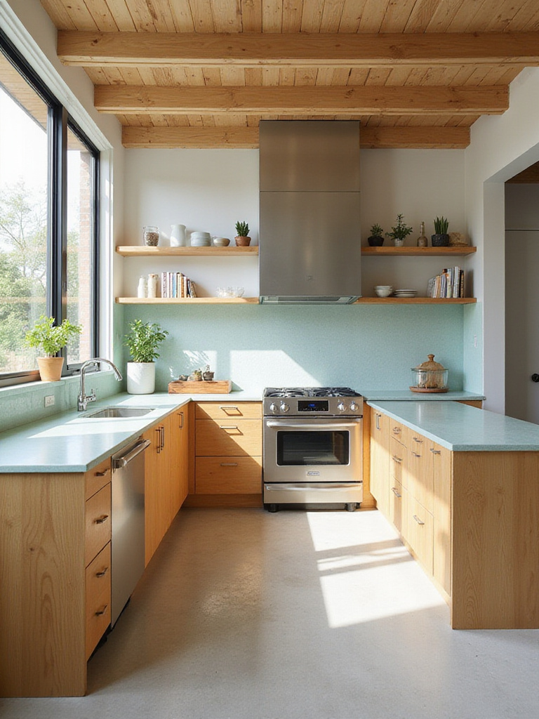 Eco-friendly kitchen with sustainable design elements, featuring energy-efficient appliances and recycled materials.