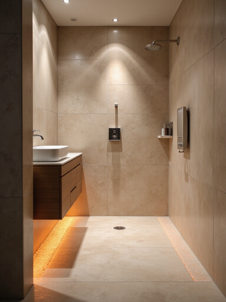 Modern bathroom featuring underfloor heating with warm lighting and elegant tiles.