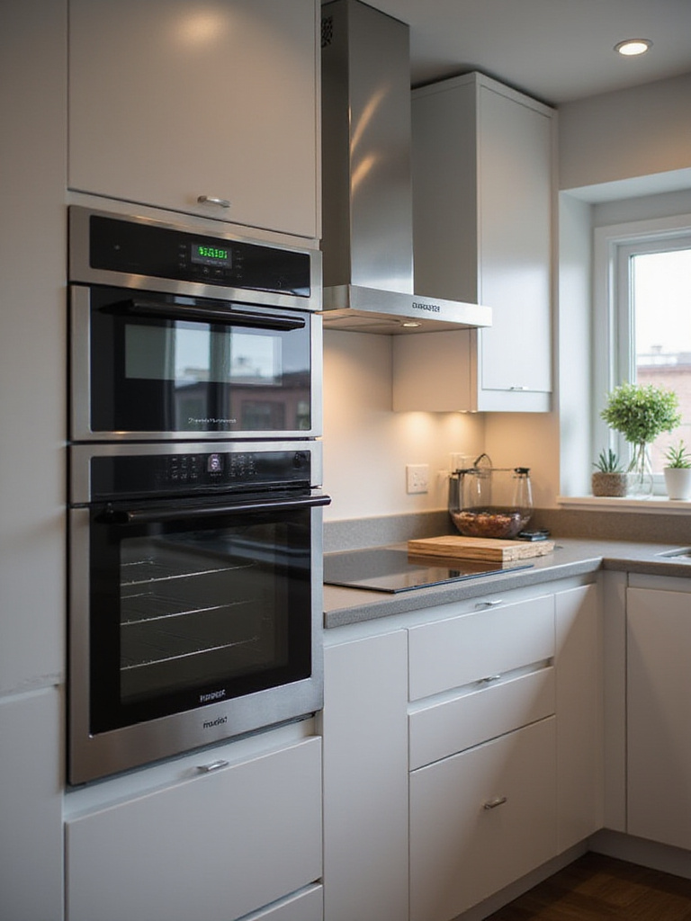 Modern kitchen featuring smart home technology with a smart oven and smart lighting.