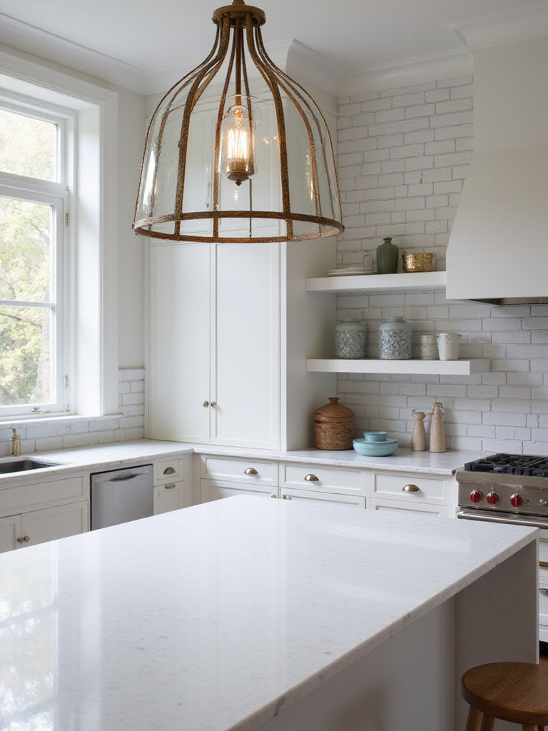 Modern kitchen with quartz countertop and pendant light.