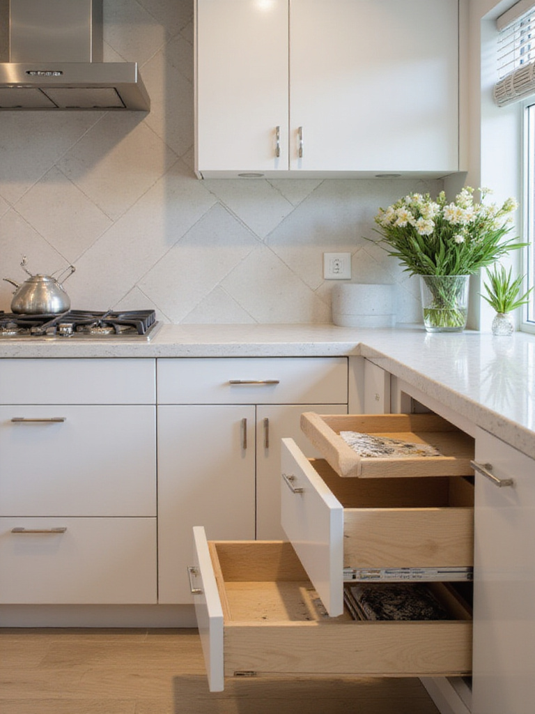 Modern kitchen showcasing smart cabinetry with innovative storage solutions.