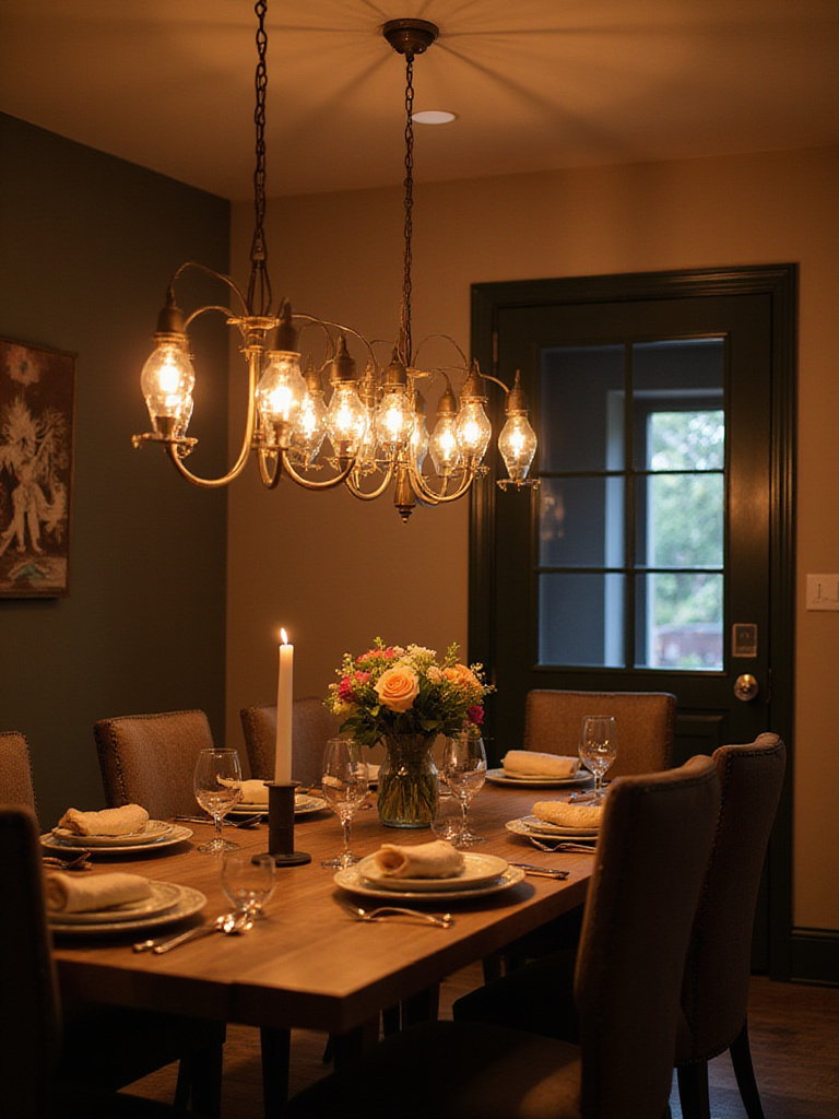 Cozy dining room with dimmable lighting creating a warm ambiance