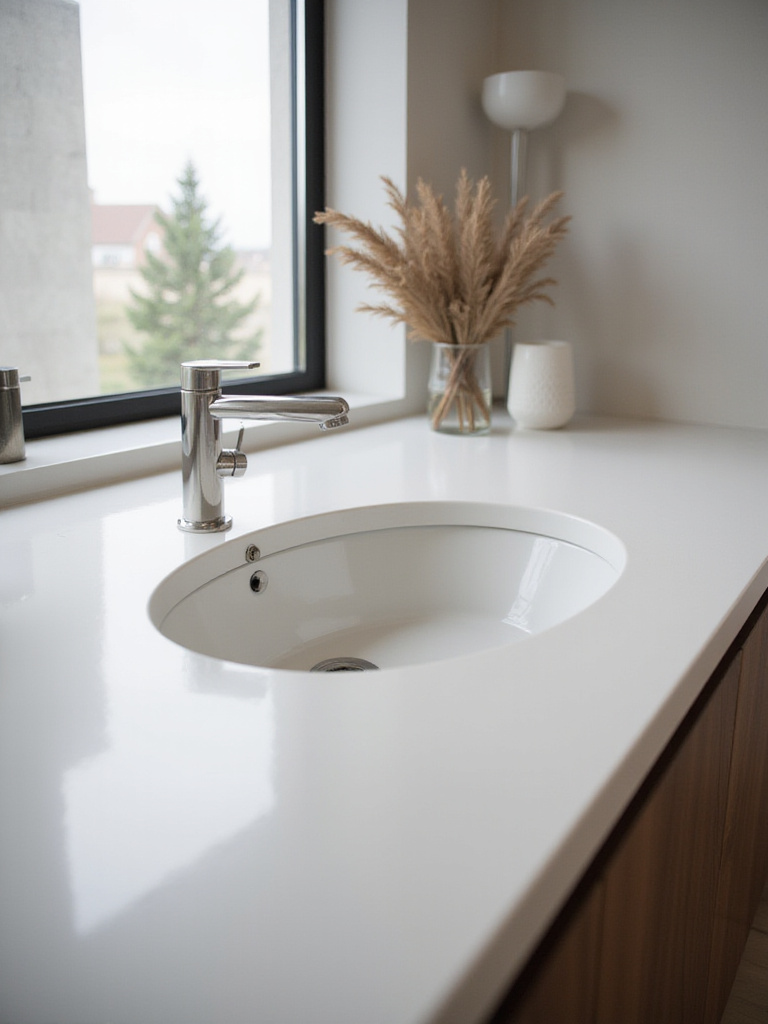 A contemporary bathroom featuring a seamless integrated sink and countertop.