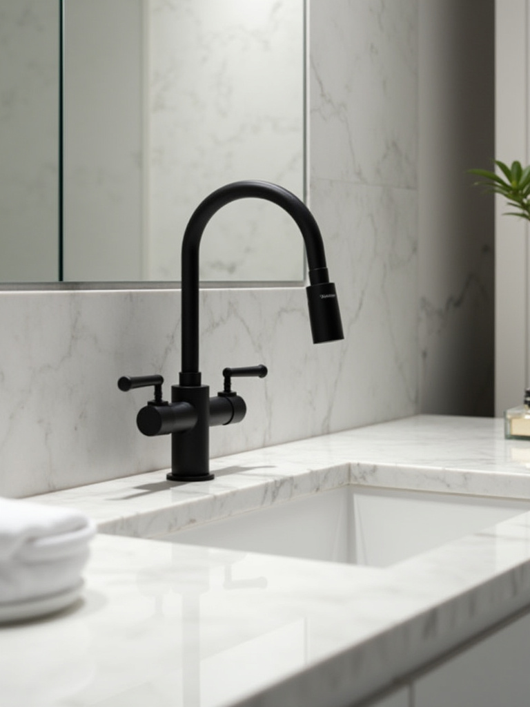 Modern bathroom featuring matte black fixtures and light marble countertop