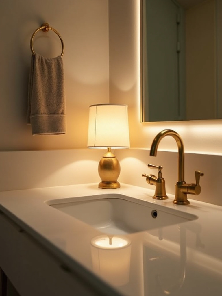 Small decorative lamp on a bathroom counter providing warm light