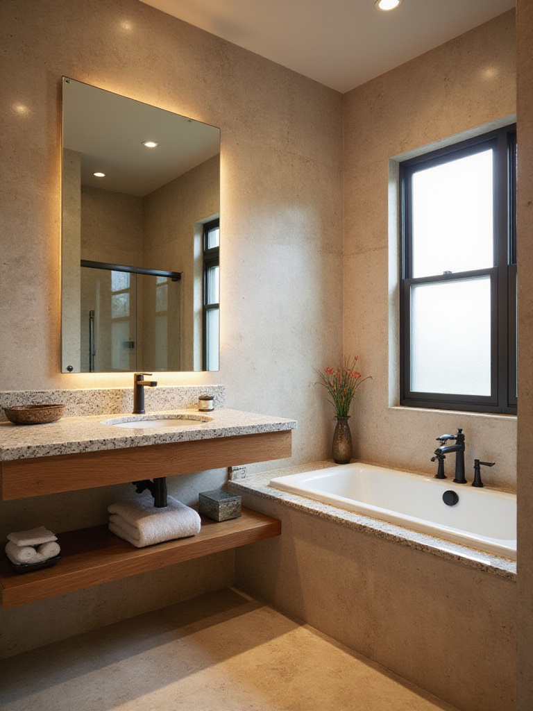 Contemporary bathroom featuring wood and stone materials for warmth.