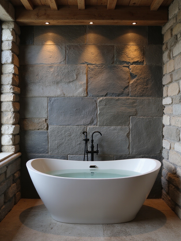 Rustic bathroom with textured slate wall behind freestanding tub