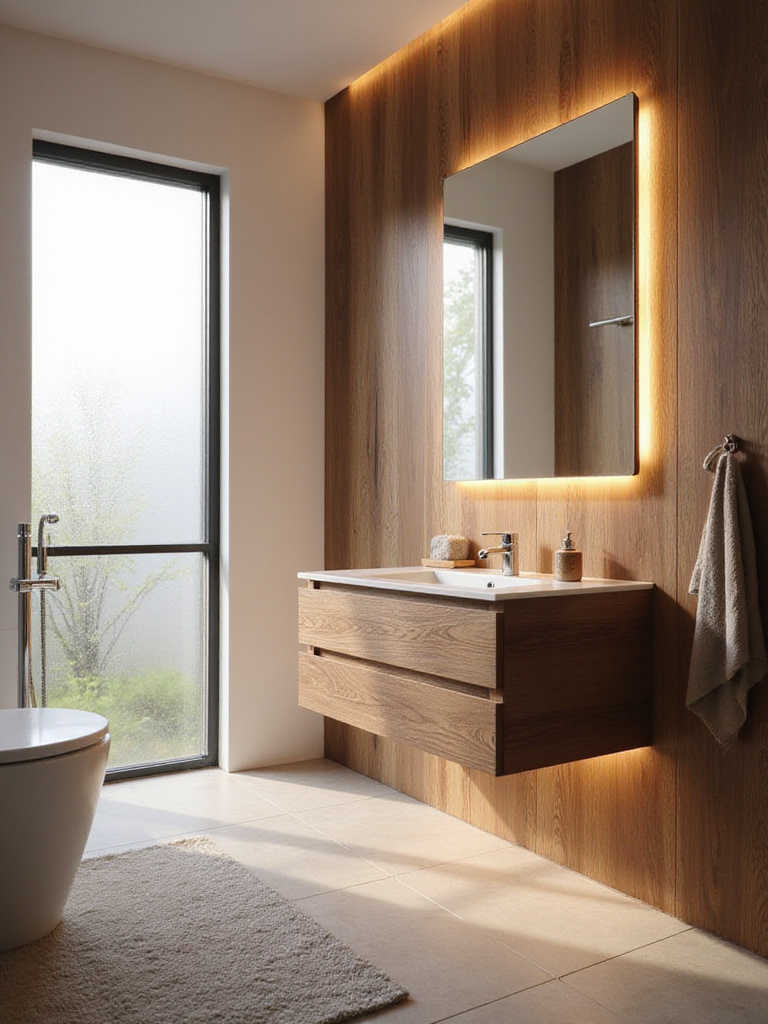 Modern bathroom with natural wood accents and serene lighting.
