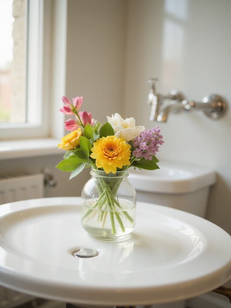 A tiny vase of fresh flowers on a bathroom sink with soft morning light