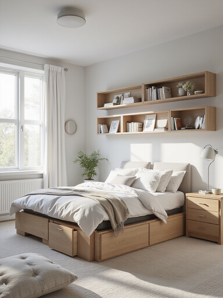 Organized bedroom with smart storage solutions including a storage bed and wall-mounted shelves.