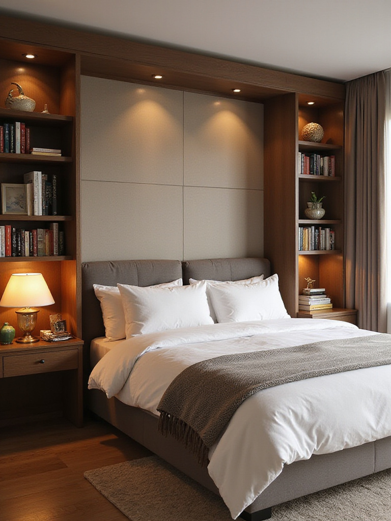 Cozy small bedroom featuring a stylish headboard with built-in storage shelves filled with books and decor.