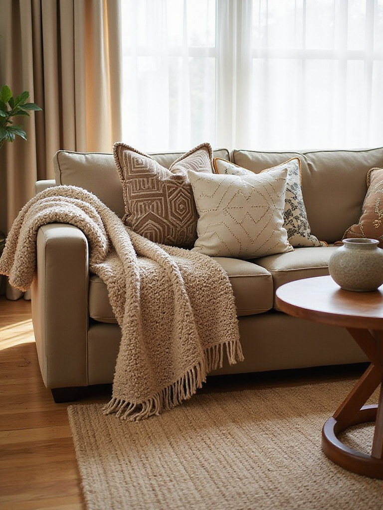 Cozy living room with varied textures and patterns, featuring a velvet sofa, chunky knit throw, and jute rug.
