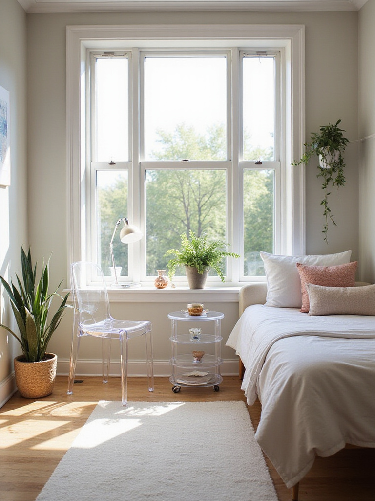 Small bedroom featuring transparent acrylic furniture pieces