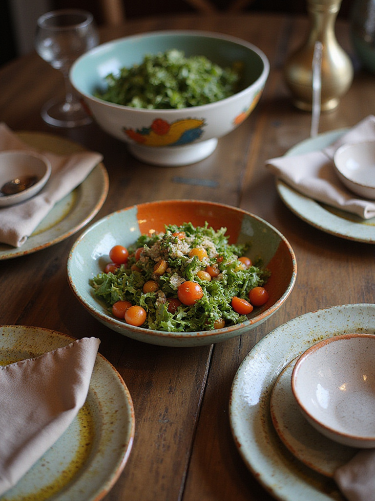 A beautifully arranged dining table featuring unique servingware including a hand-painted bowl and artisanal plates.