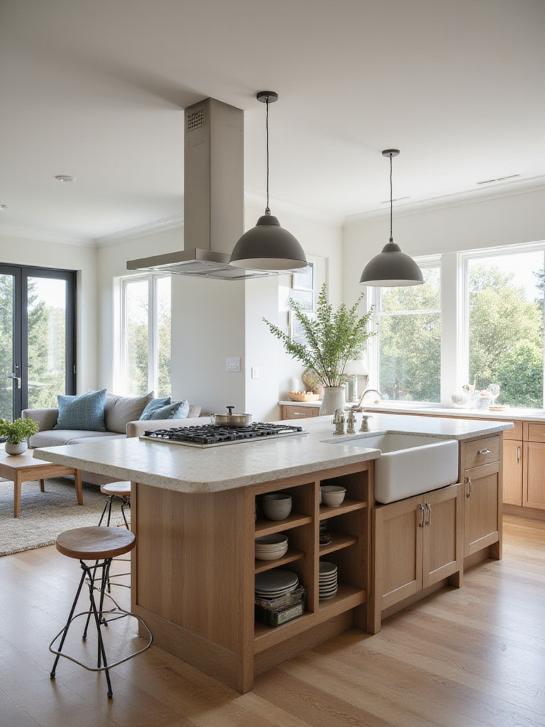 Modern kitchen featuring a versatile kitchen island with storage and seating